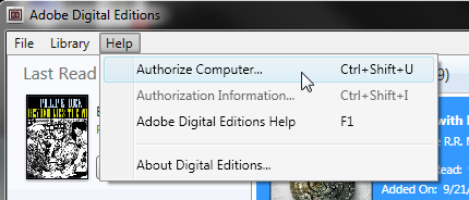 Meniul Help deschis, din partea de sus a ferestrei Adobe Digital editions