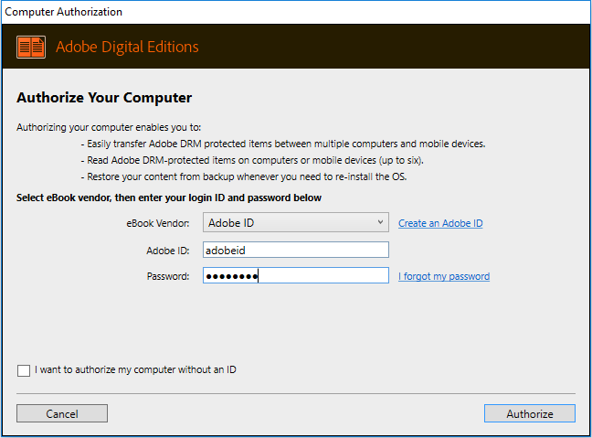 fereastra de autorizare. Introduci Adobe ID-ul personal, introduci și parola contului de Adobe, lași debifat 